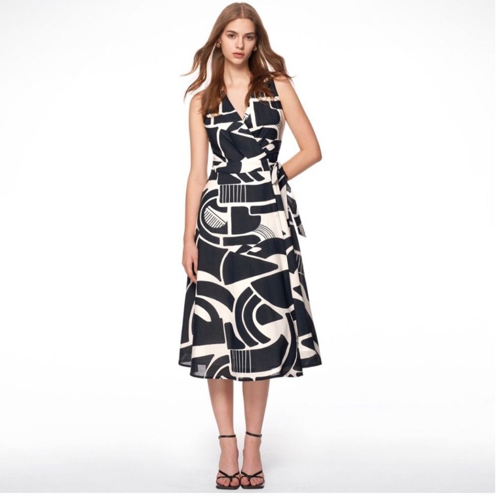 ZARA Nicole Halter Wrap Midi Dress Navy/White Print XS NEW